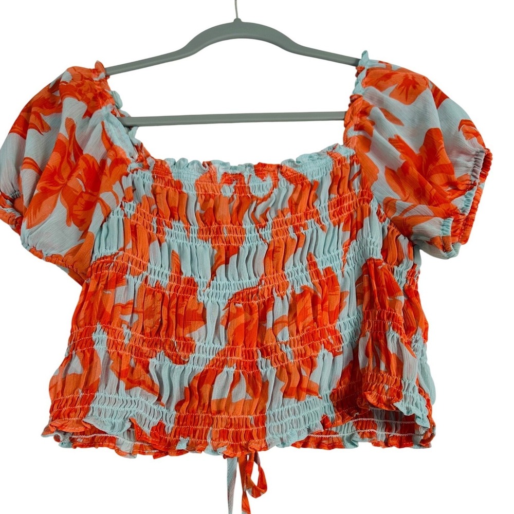 Olivaceous Anthropologie Floral Crop Top Large Orange Blue Euro Summer Coquette - Picture 5 of 8